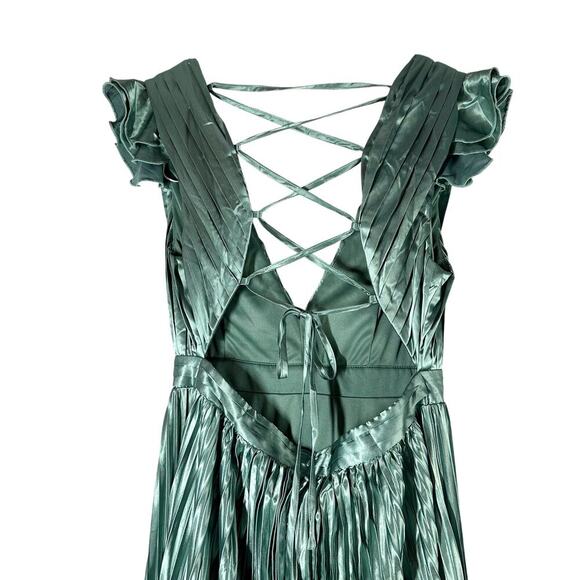 Lulus Exceptional Drama Sage Green Satin Lace-Up Pleated Maxi Dress - Picture 3 of 10
